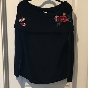 Off-The-Shoulder Sweater with Rose Embroideries
